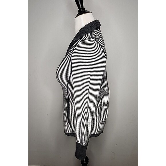 EDDIE BAUER Gray & White Striped Cotton Blend Zip Cardigan Sweater Sz M EUC - Picture 3 of 8